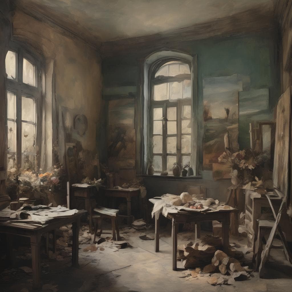 Από τις απαρχές έως τη νεωτερικότητα στην τέχνη, εσωτερικό εργαστηρίου ζωγραφικής με παλιά έπιπλα και καμβάδες, αποκαλυπτικό ταξίδι στην ιστορία της τέχνης διαχρονικής και εξελισσόμενης.