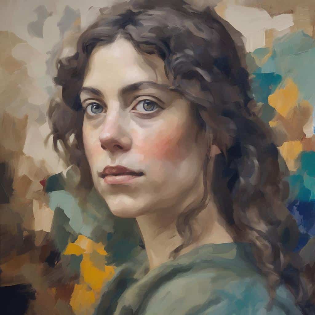 Ζωγραφισμένη πορτρέτο γυναίκας με καστανά μαλλιά και γαλάζια μάτια, σε μοντέρνο ρεαλιστικό στυλ, με φιλόξενο υπόβαθρο με ζεστά και δροσερά χρώματα.