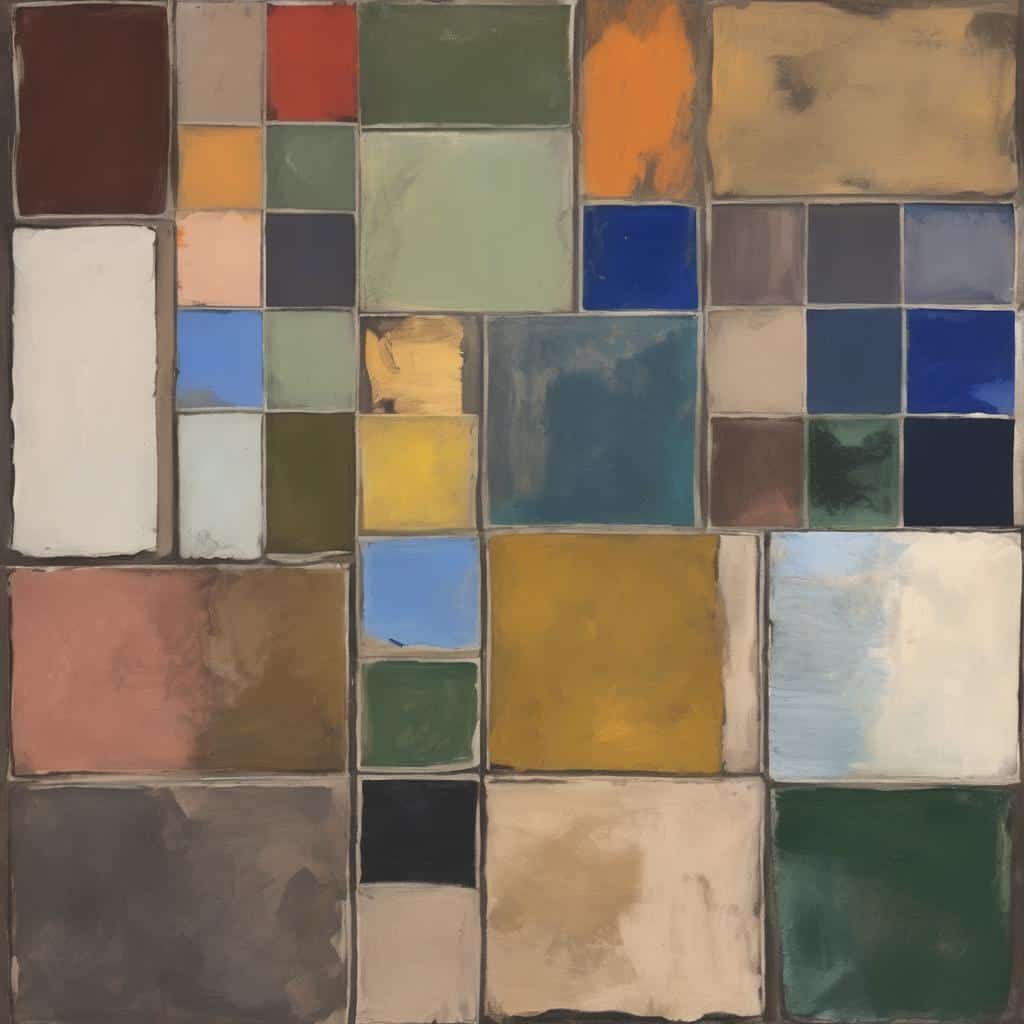 Ζωγραφική με πολύχρωμα τετράγωνα και ορθογώνια, αναπαριστώντας την εξέλιξη της τέχνης από τις απαρχές έως τη νεωτερικότητα.